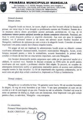 Scrisoarea primarului Mangaliei, Cristian Radu, către cetăţeni